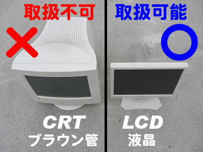 取扱可能なモニターは、パソコン用液晶モニター(LCD)であり、ブラウン管型モニター(CRT)は取扱不可です。